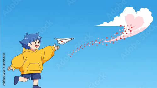 This flat design vector illustration features a cute anime character launching a paper airplane that leaves a trail of hearts, symbolizing sending love