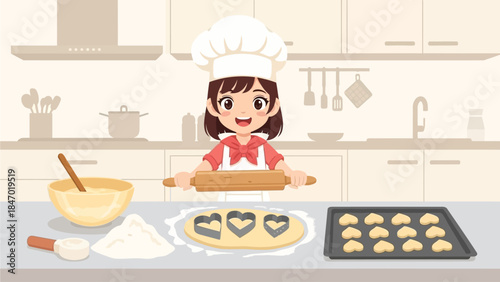 A delightful flat design illustration shows a cute anime girl enthusiastically baking heart-shaped cookies in a modern kitchen for Valentine's Day