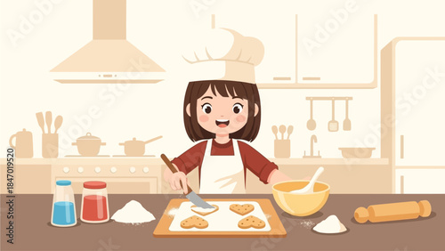 A delightful flat design illustration shows a cute anime girl enthusiastically baking heart-shaped cookies in a modern kitchen for Valentine's Day