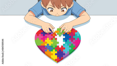This flat design vector illustration portrays a cute anime boy thoughtfully assembling a heart-shaped puzzle, symbolizing connection and completeness for Valentine's Day