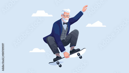 Senior man in stylish clothes riding skateboard and wearing headphones