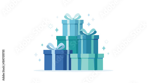 Stack of blue and teal gift boxes with ribbons and decorative sparkles