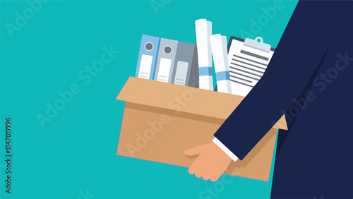 Business person hand holding a cardboard box filled with office files