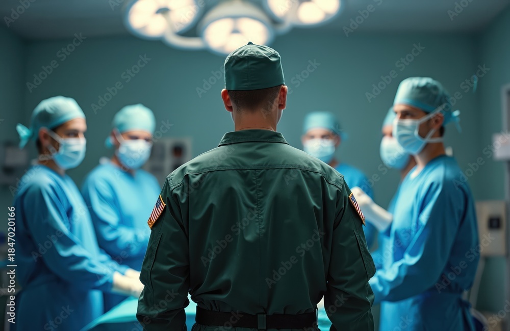 Obraz premium American soldier stands in operating room as doctors treat patients. Medical team works on patient, military personnel observes. Collaboration medical care, surgery support, emergency response.