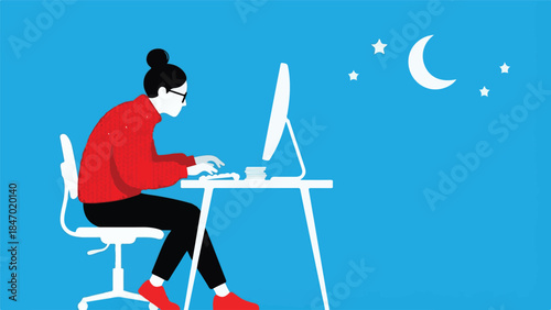 Woman working on computer at night, flat minimalist illustration