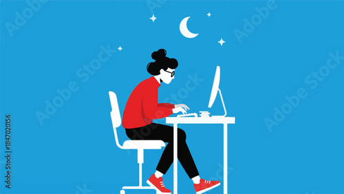 Woman working late at night on computer, focused at desk with moon and stars