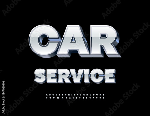 Vector Quality emblem Car Service. Industrial White and Steel 3D Font. Unique Isometric Alphabet Letters and Numbers set.
