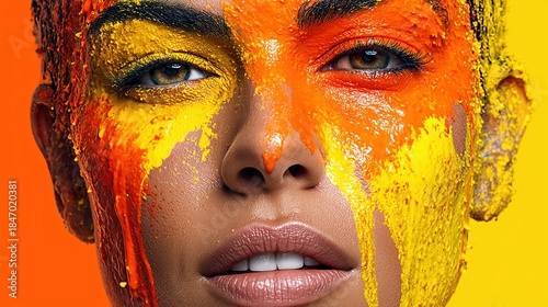 Vibrant woman face covered in textured orange and yellow paint for creative design.

