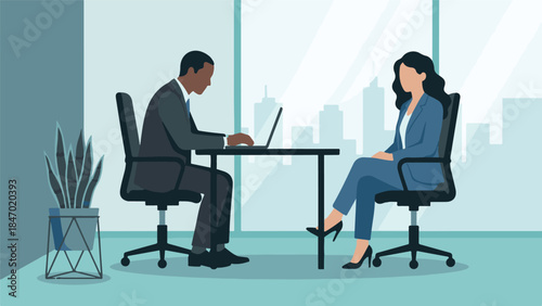 Businessman and businesswoman having a meeting or interview by a window