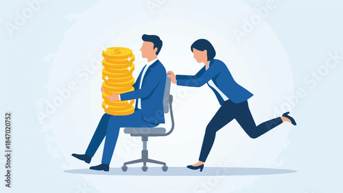 Businesswoman pushing businessman on chair holding stack of coins