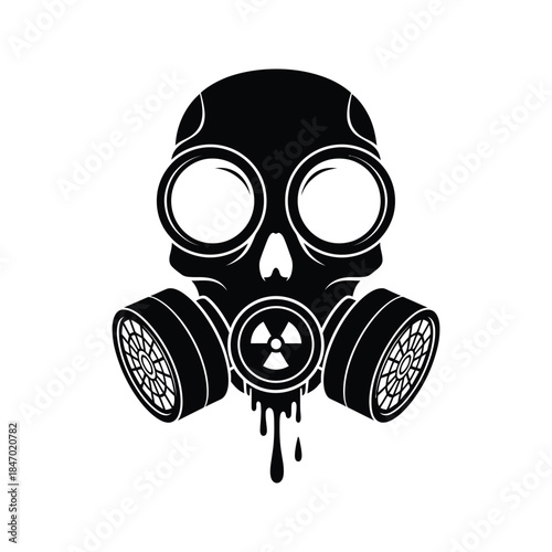 Black skull with gas mask and radioactive symbol dripping liquid on white background