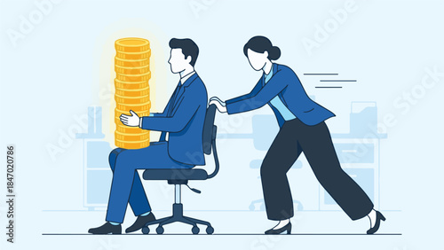 Businesswoman pushing businessman on chair holding stack of coins
