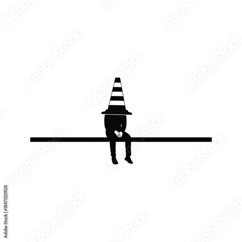 Silhouette of a person wearing a traffic cone as a hat sitting on a black line against a white background