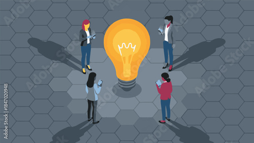 People standing around a giant glowing light bulb with mobile phones