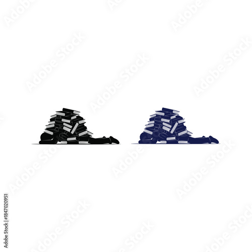 Silhouette of a person overwhelmed and buried under a massive pile of books symbolizing knowledge overload