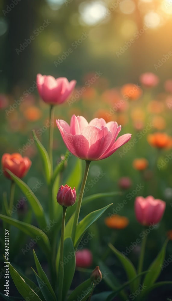 Obraz premium Field of pink and orange tulips blossoms in soft morning sunlight. Green leaves and stalks create natural backdrop. Focus on foreground flowers blooming.
