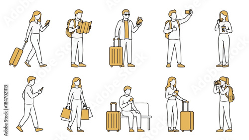 Set of flat line characters traveling with luggage and maps