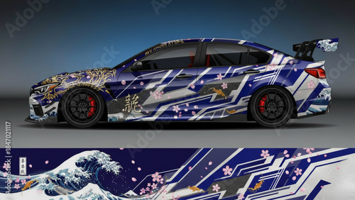 Custom blue and white car wrap design featuring a dragon, cherry blossoms, and geometric patterns with a Japanese wave motif.