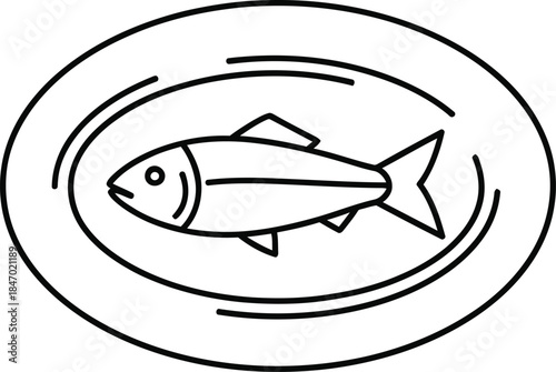 A line art drawing of a cooked fish presented on an oval serving plate