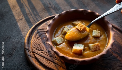 Warming Autumn Soup: Creamy Pumpkin or Butternut Squash Puree with Crispy Croutons. Delicious Comfort Food in a Rustic Bowl on a Wooden Board. Savory Fall Meal.