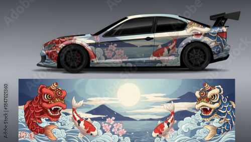 Custom car wrap featuring Japanese art with koi fish, cherry blossoms, and mythical creatures against a mountain and moon backdrop.