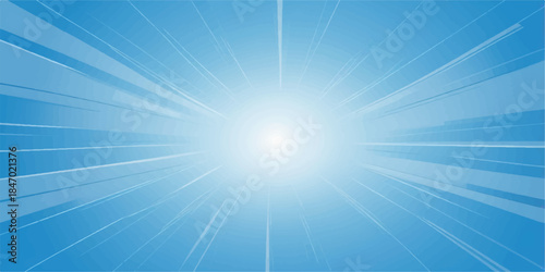 Bright summer sun rays glow on an abstract blue sky background