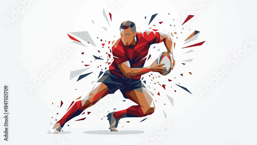 Low poly rugby player running with ball and abstract explosion background