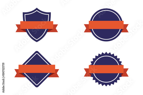 Collection of blue and red labels and badges with ribbons