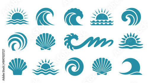Teal ocean wave and seashell icons set for coastal design