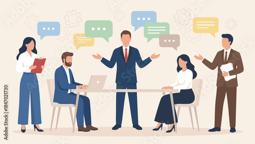 Businessman giving presentation with speech bubbles and feedback