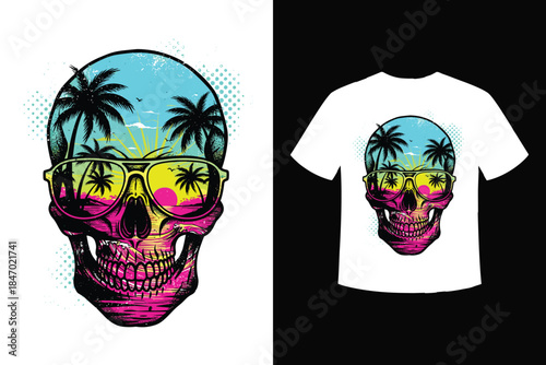 A vibrant neon skull wearing sunglasses reflecting a tropical sunset beach scene