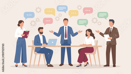 Businessman giving presentation with speech bubbles and feedback