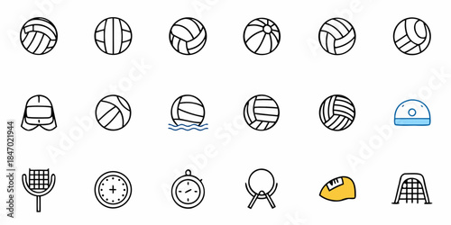 Water Polo Gear Icons: Ball, Cap, Goggles, Goal, Sports Equipment