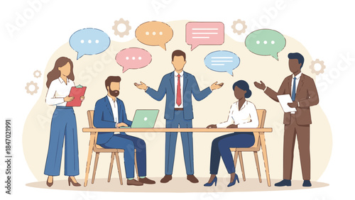 Businessman giving presentation with speech bubbles and feedback