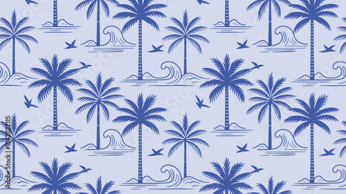 Tropical palm tree pattern with waves and birds on light blue background