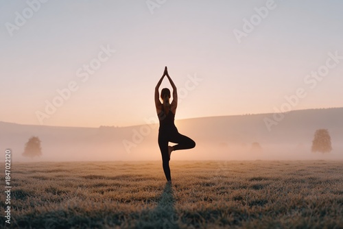 A person performs yoga in a calm field at dawn with fog blanketing the ground