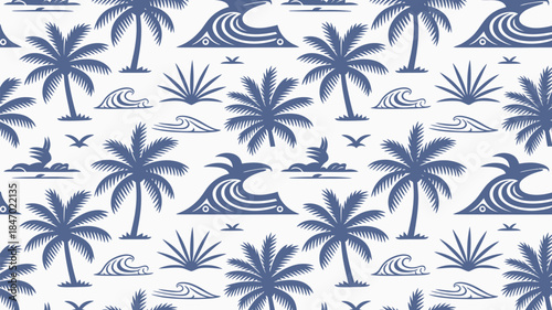Tropical island pattern with palm trees and ocean waves