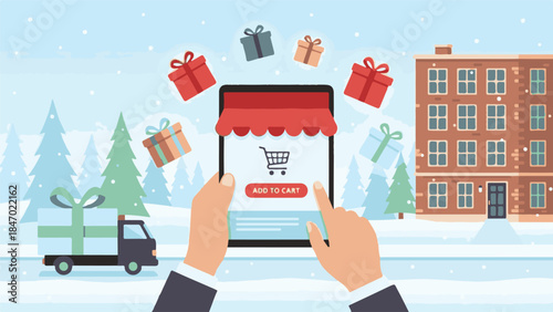 Online holiday gift shopping on tablet with delivery truck in snow