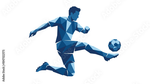 Geometric polygonal style illustration of a soccer player kicking a ball