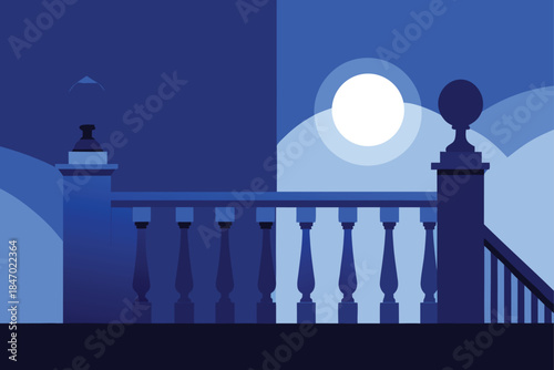 Balustrade Overlooking A Quiet Garden Under Soft Moonlight