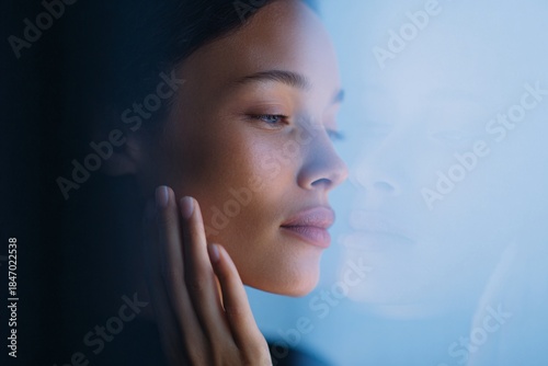 A woman touches her face while looking at her reflection, reflecting skin obsession and anxiety