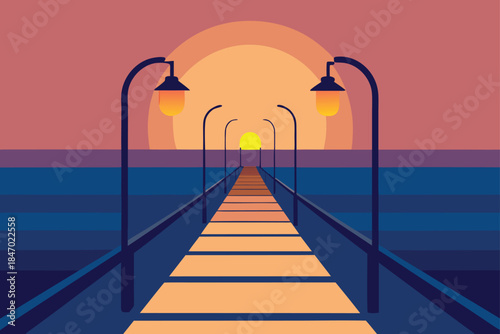 Coastal Boardwalk At Sunset Arched Lights Illuminated