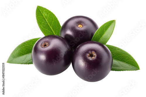 Three acai berries with green leaves isolated on transparent background