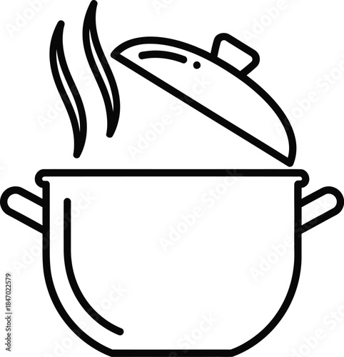 A steaming cooking pot with a partially open lid illustrated as a black line icon