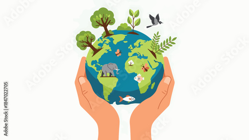 A person holding the green planet globe in their hands to represent a global ecology concept for environmental protection and nature care