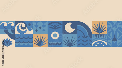 Vibrant blue and orange abstract pattern with natural elements