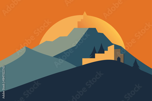 Dawn Lit Mountaintop With Village Below Clear View