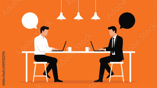 Modern flat design illustration of two people working on laptops and communicating