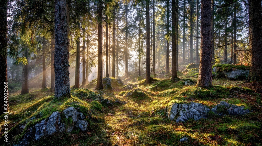 Fototapeta premium forest at sunrise with soft mist and sunbeams, tranquil mood, no people