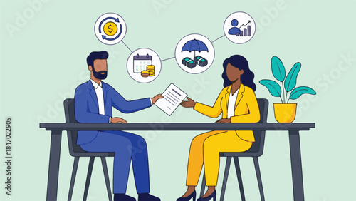 Business professionals discussing a contract or financial plan in a meeting